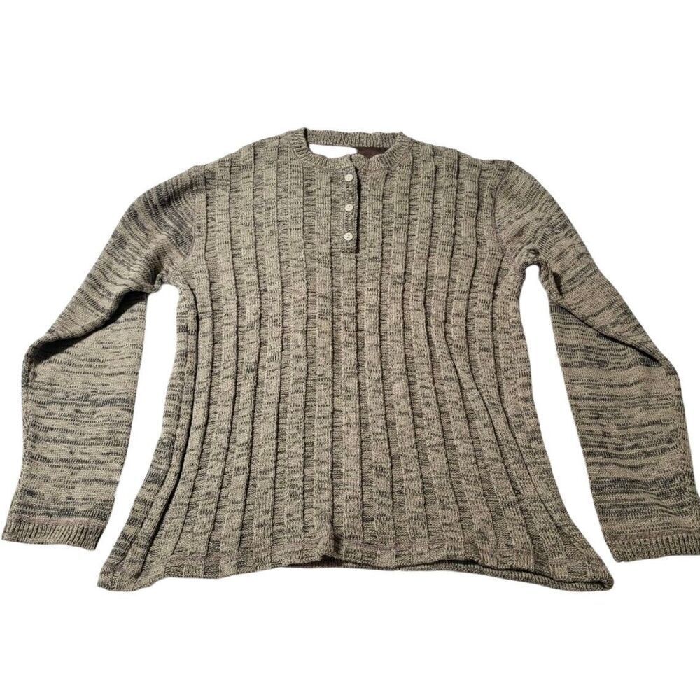 Men Long sleeve knit henley beige pullover sweater L